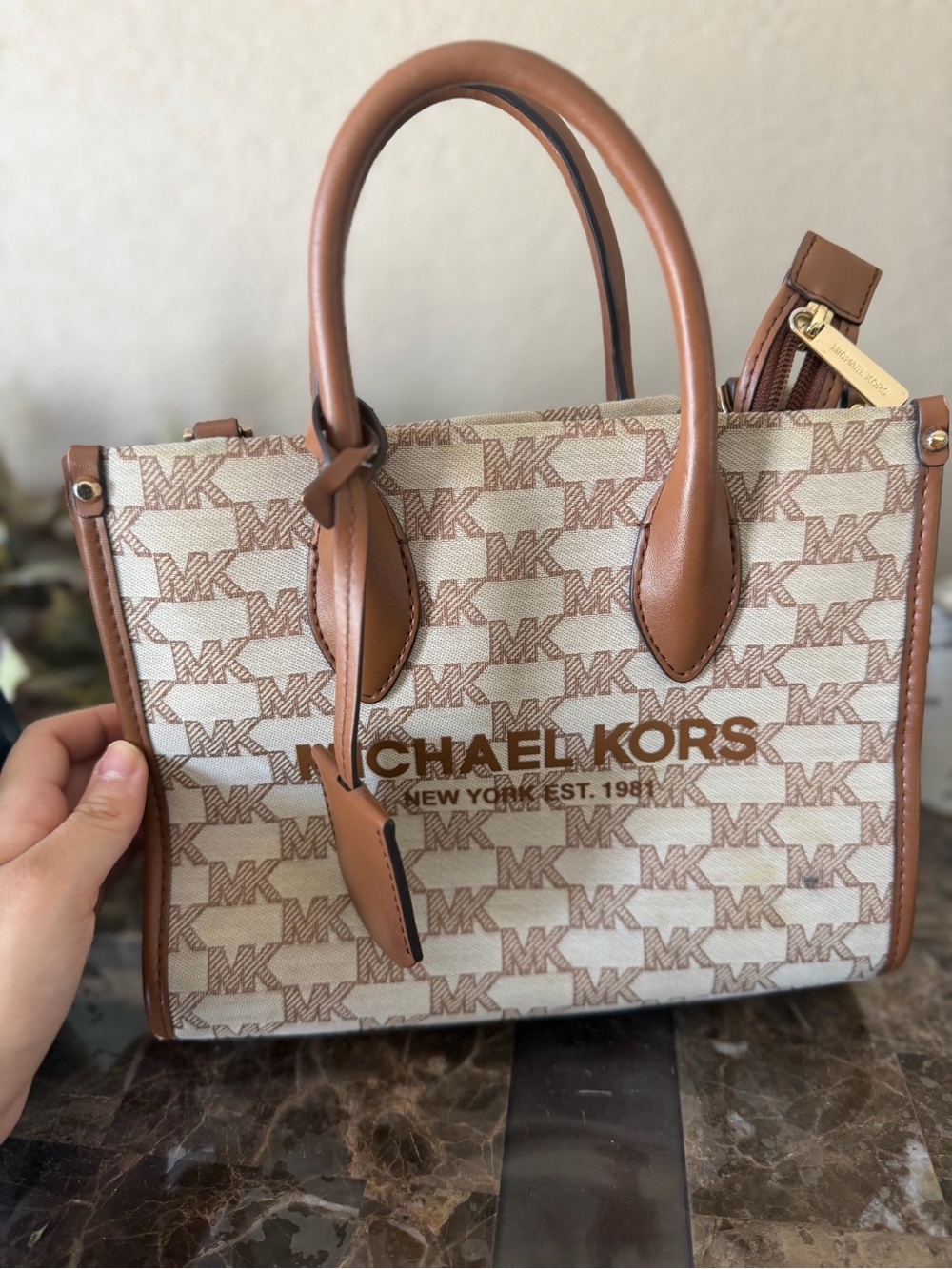 Michael Kors Beige Canvas Logo Tote with Brown Trim